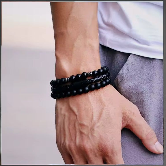 8mm Doğal Oniks Kaplan Gözler Taş ve Deri Bileklik