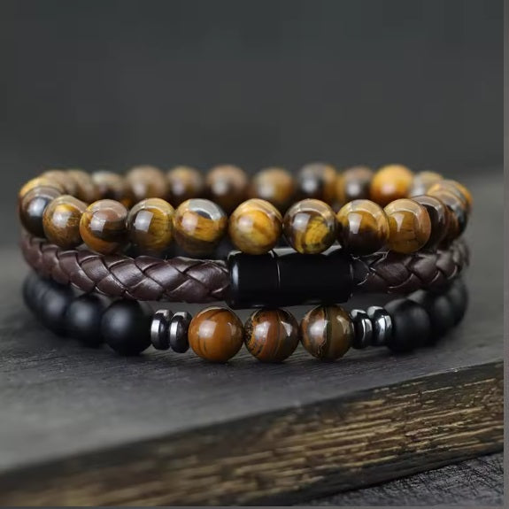 8mm Doğal Oniks Kaplan Gözler Taş ve Deri Bileklik