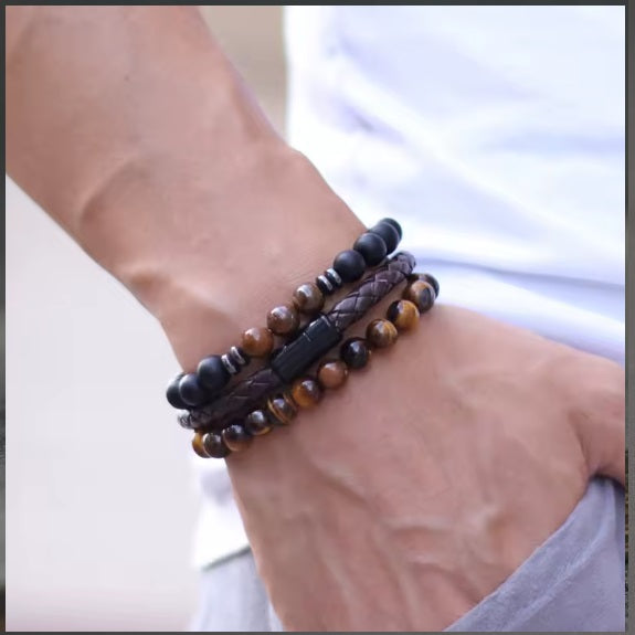 8mm Doğal Oniks Kaplan Gözler Taş ve Deri Bileklik