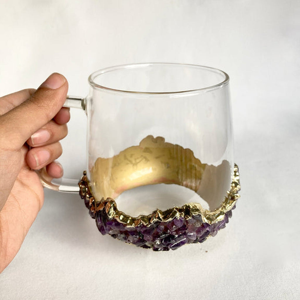 Set of 2 |Crystal Glass Coffee/Tea/Juice Mugs with Gold Plated Purple Amethyst Agate/Quartz Semi-precious Crystals | 17 oz/500 ml-2