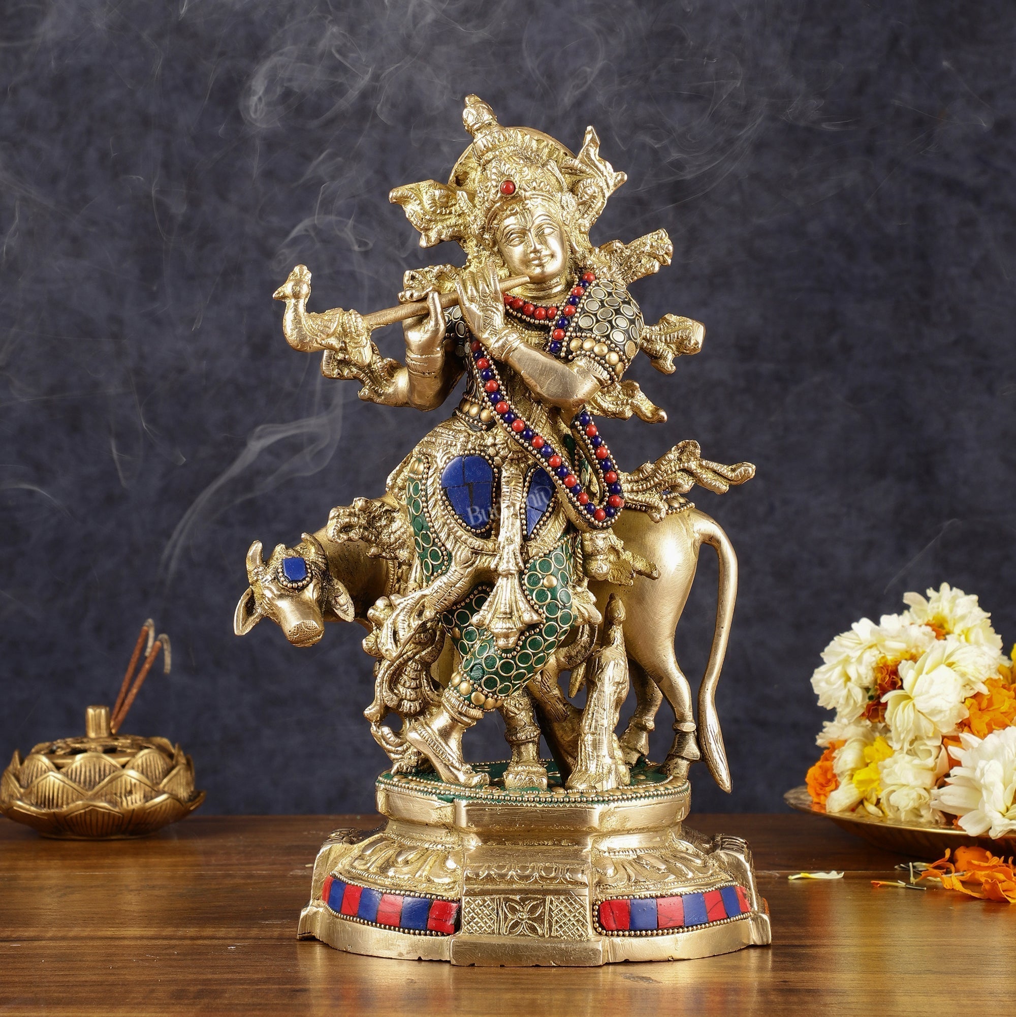 Multicolored Brass Krishna with Cow Idol | 12" with stonework-0
