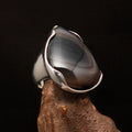 Minimalistic Sterling Silver Ring with pear shaped black Agate Cabochon-0