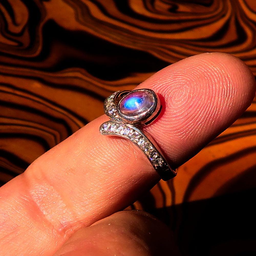 Sterling Silver Solitaire Ring with oval shaped Ceylon Moonstone and 15 CZ-0
