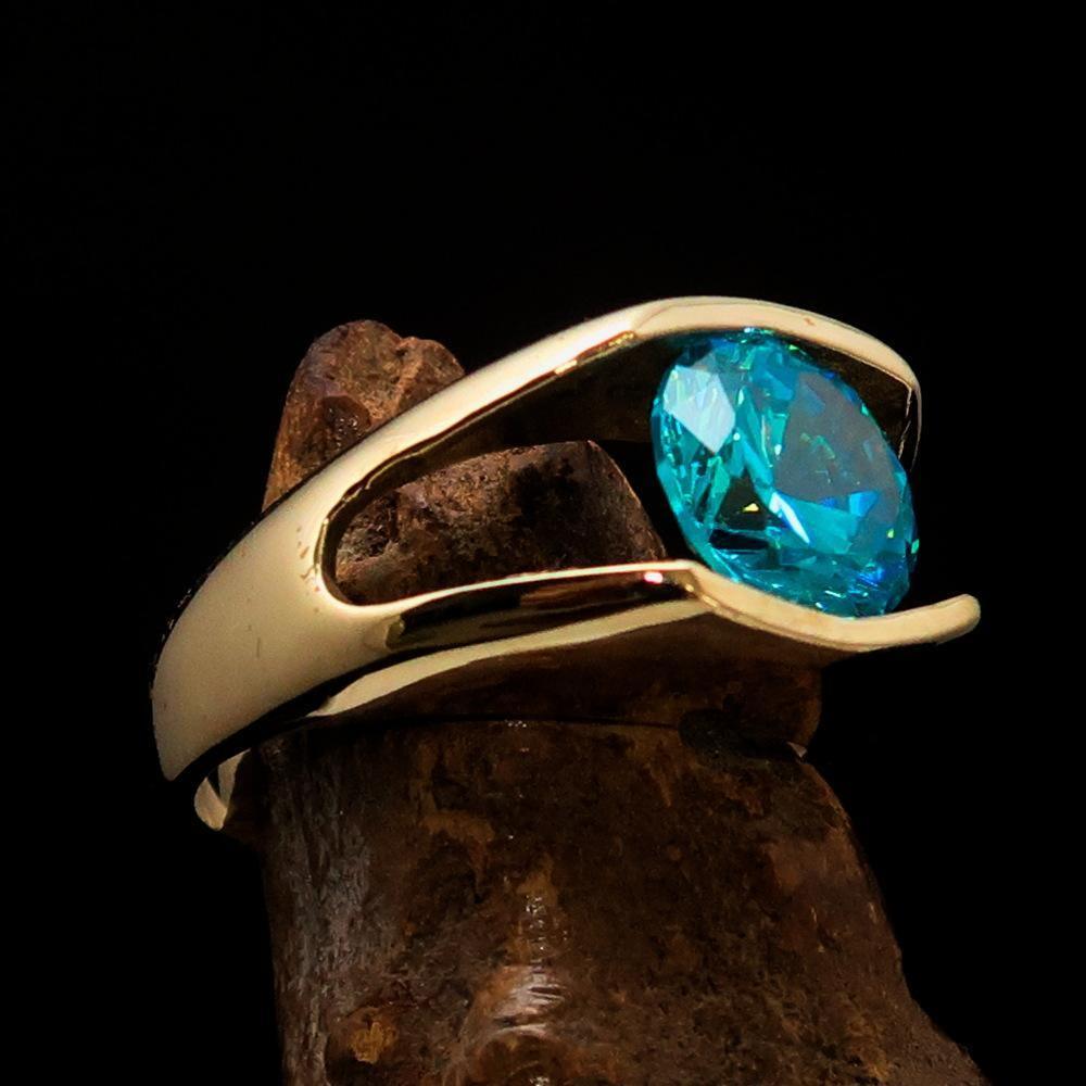 Smoothly crafted Men's Brass Solitaire Ring Blue Cubic Zirconia CZ-2