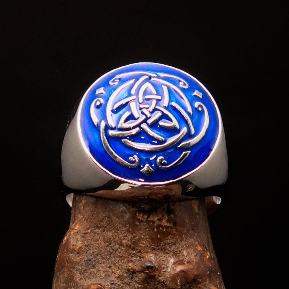 Excellent domed Men's Ring blue Celtic Triquetra Knot - Sterling Silver-1