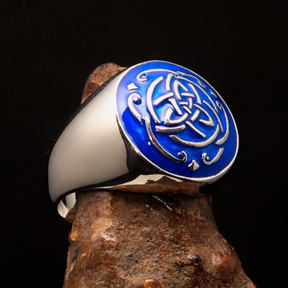 Excellent domed Men's Ring blue Celtic Triquetra Knot - Sterling Silver-2