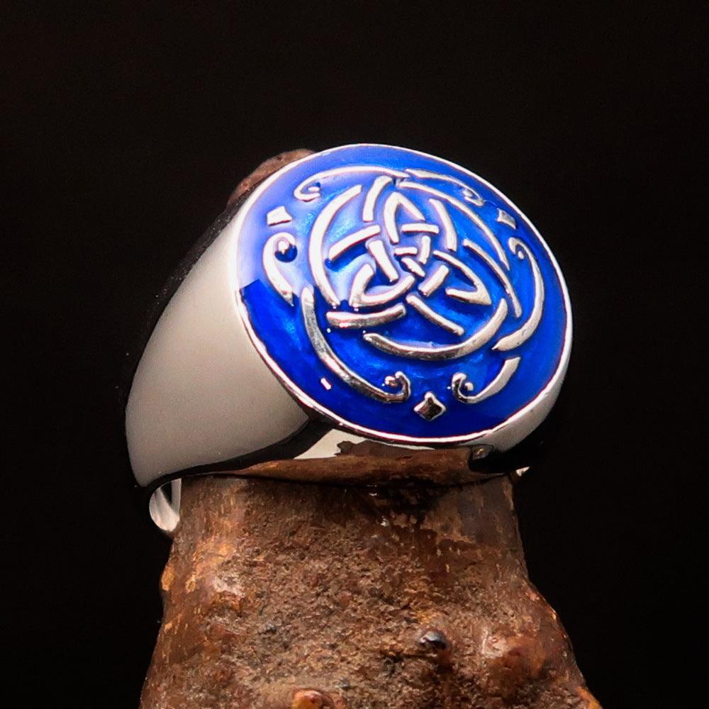 Excellent domed Men's Ring blue Celtic Triquetra Knot - Sterling Silver-0