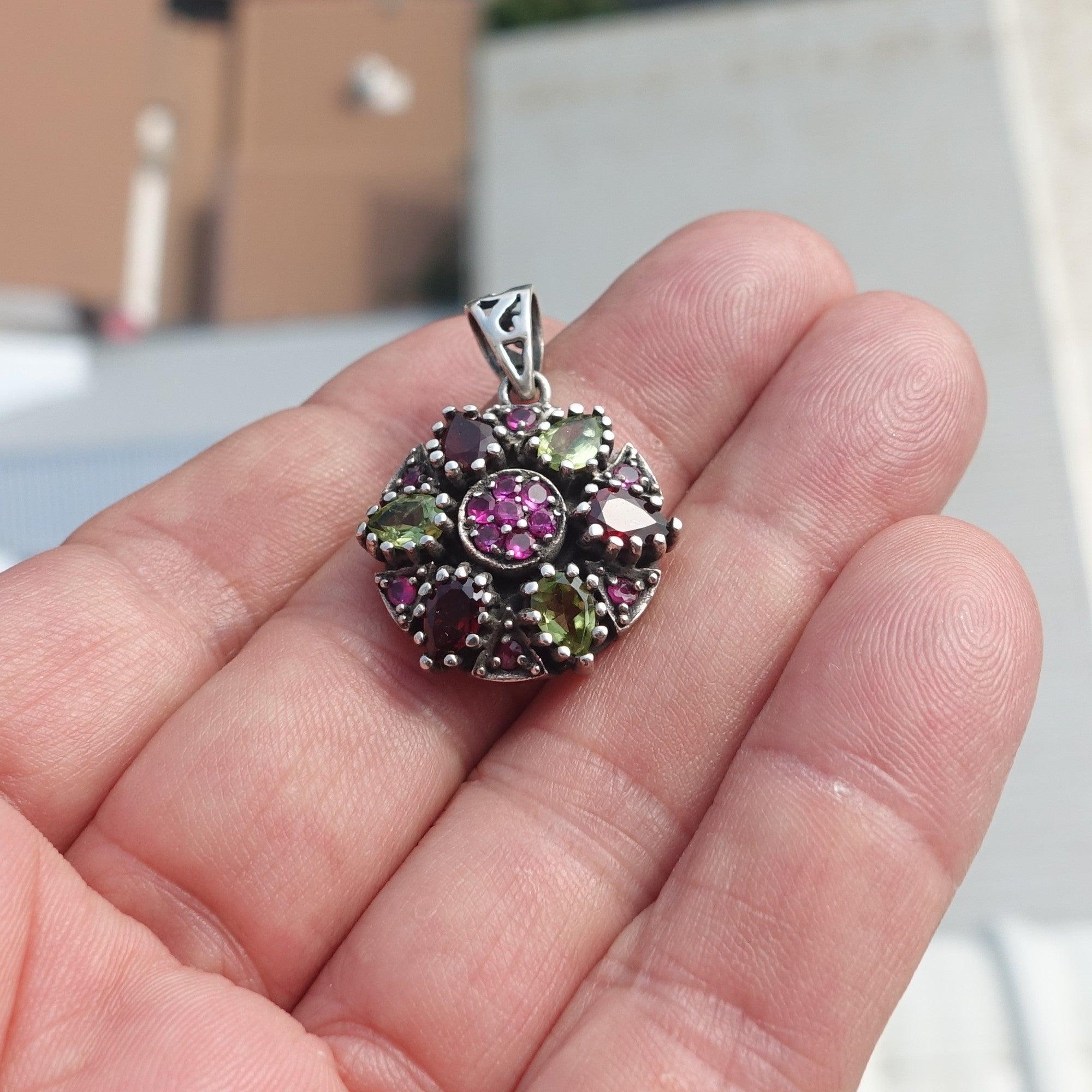 Garnet Peridot Silver Pendant, Star shaped Sterling Silver Gemstone Pendant with Garnet, Peridot and Rubies, Symmetric Amulet, Sterling silver pendant-0
