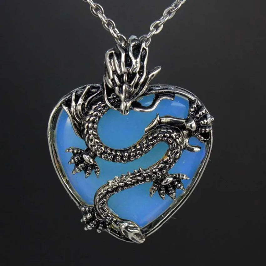 Vintage Animal Dragon Man Necklace Natural Stone Purple Crystal Heart Pendant
