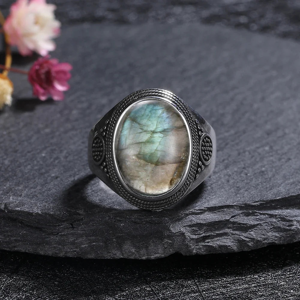 Silver Ring for Women Oval Round Natural Labradorite Ring