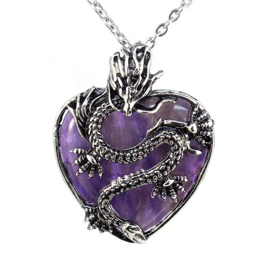 Vintage Animal Dragon Man Necklace Natural Stone Purple Crystal Heart Pendant