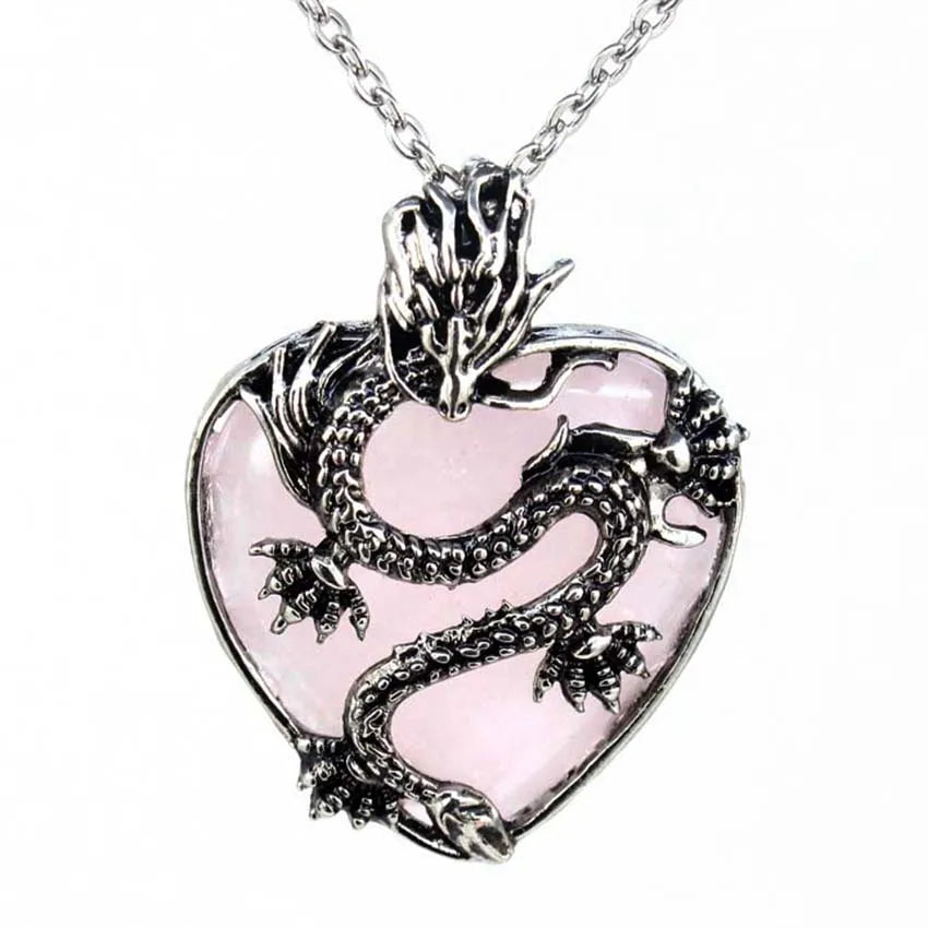Vintage Animal Dragon Man Necklace Natural Stone Purple Crystal Heart Pendant