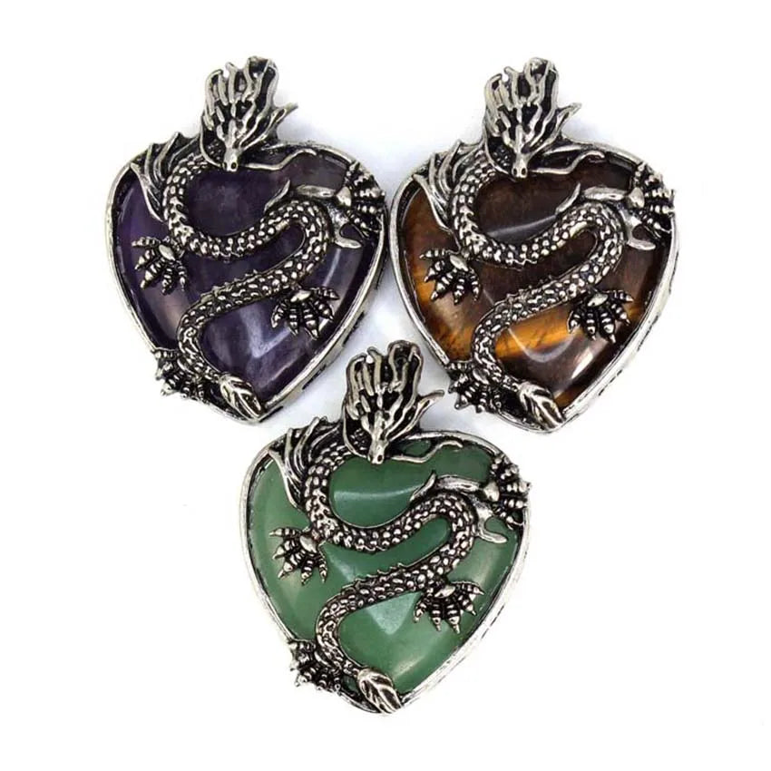 Vintage Animal Dragon Man Necklace Natural Stone Purple Crystal Heart Pendant