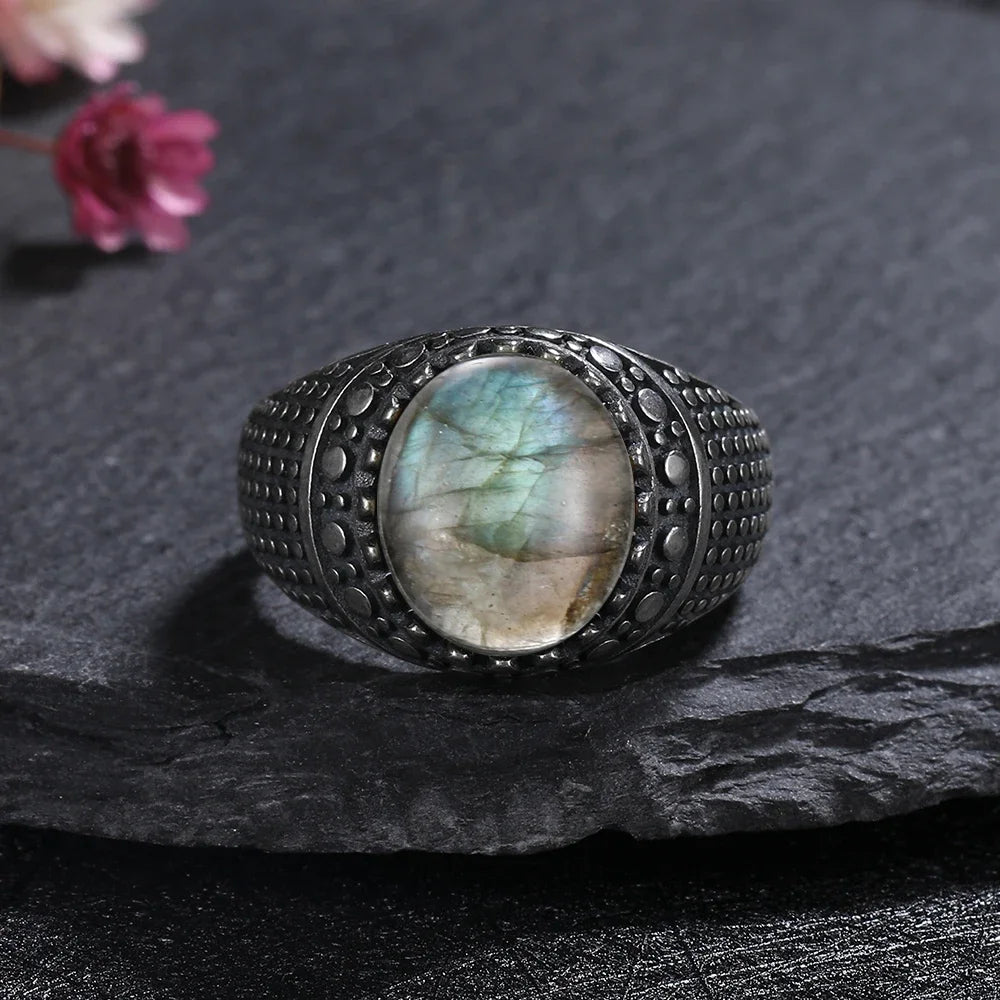 Silver Ring for Women Oval Round Natural Labradorite Ring