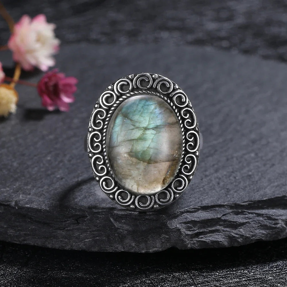 Silver Ring for Women Oval Round Natural Labradorite Ring