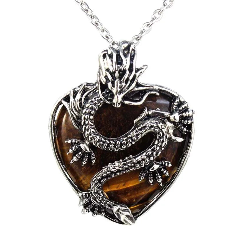 Vintage Animal Dragon Man Necklace Natural Stone Purple Crystal Heart Pendant
