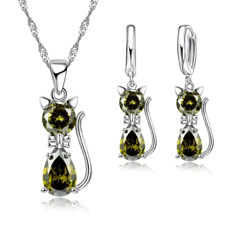 Silver Jewelry Sets 925 Silver Cute Cat Shaped Necklace Hoop Earring Set