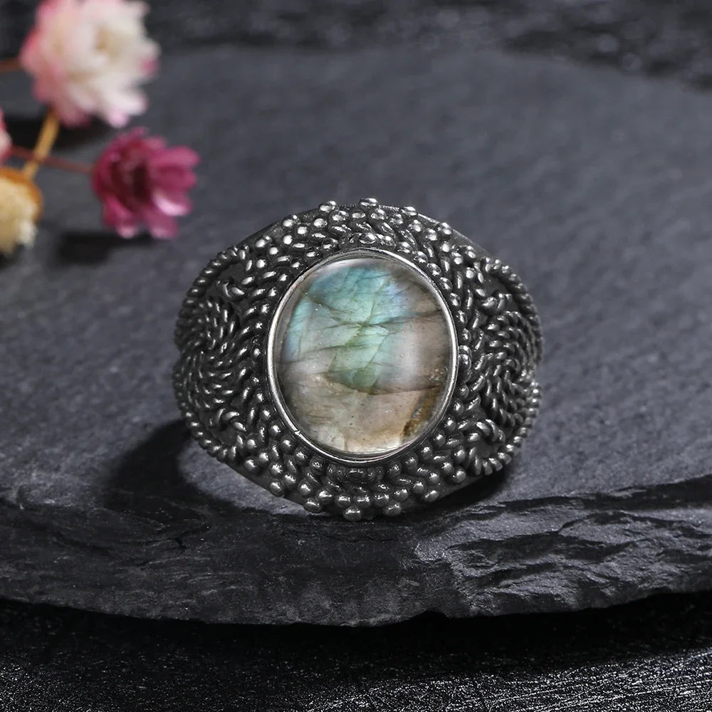 Silver Ring for Women Oval Round Natural Labradorite Ring