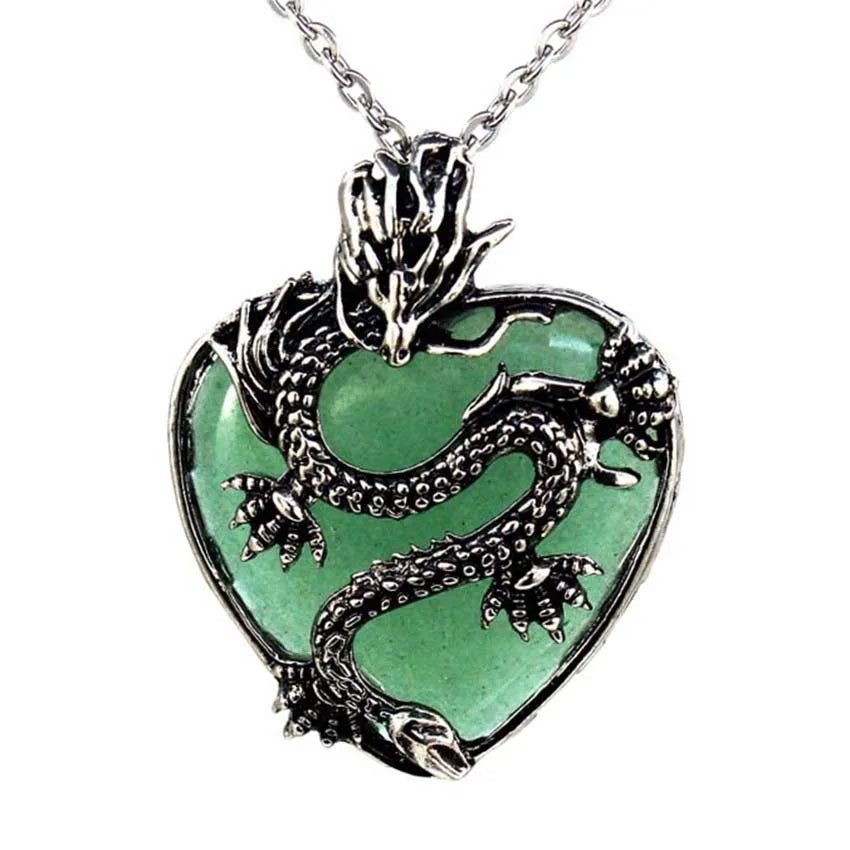 Vintage Animal Dragon Man Necklace Natural Stone Purple Crystal Heart Pendant
