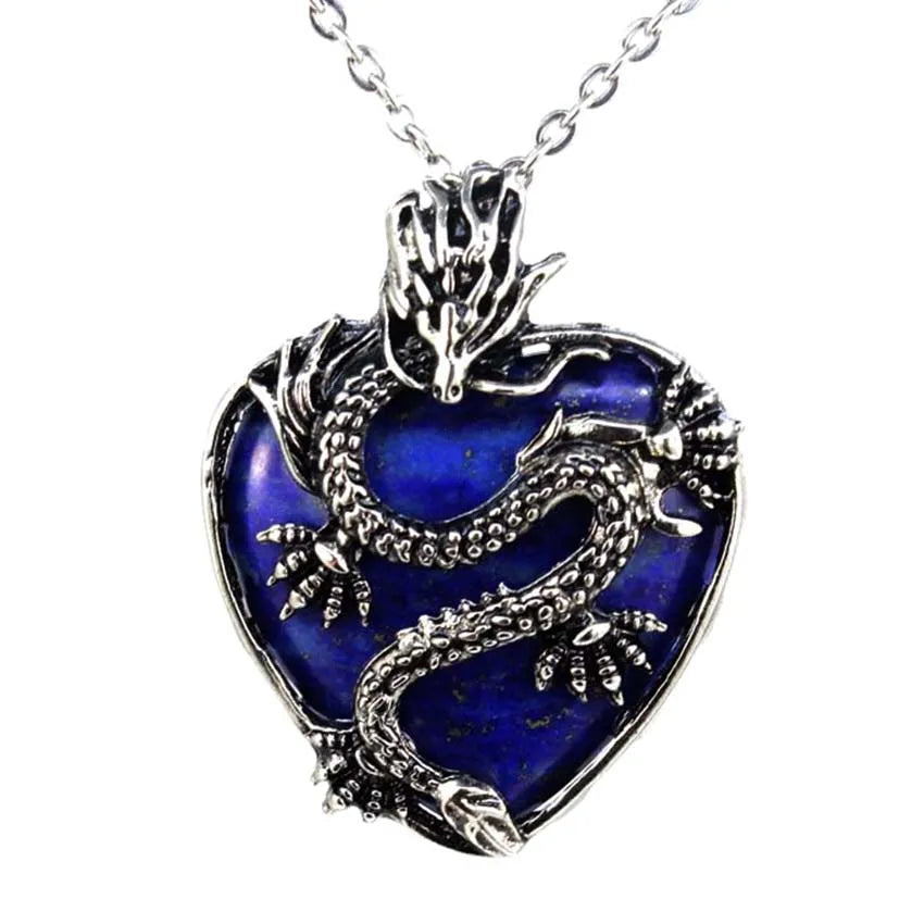 Vintage Animal Dragon Man Necklace Natural Stone Purple Crystal Heart Pendant