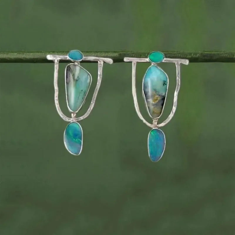 Boho Dangle Earrings for Women Indian Tribal Personality Natural Resin Stone Vintage Hanging Pendant Earrings