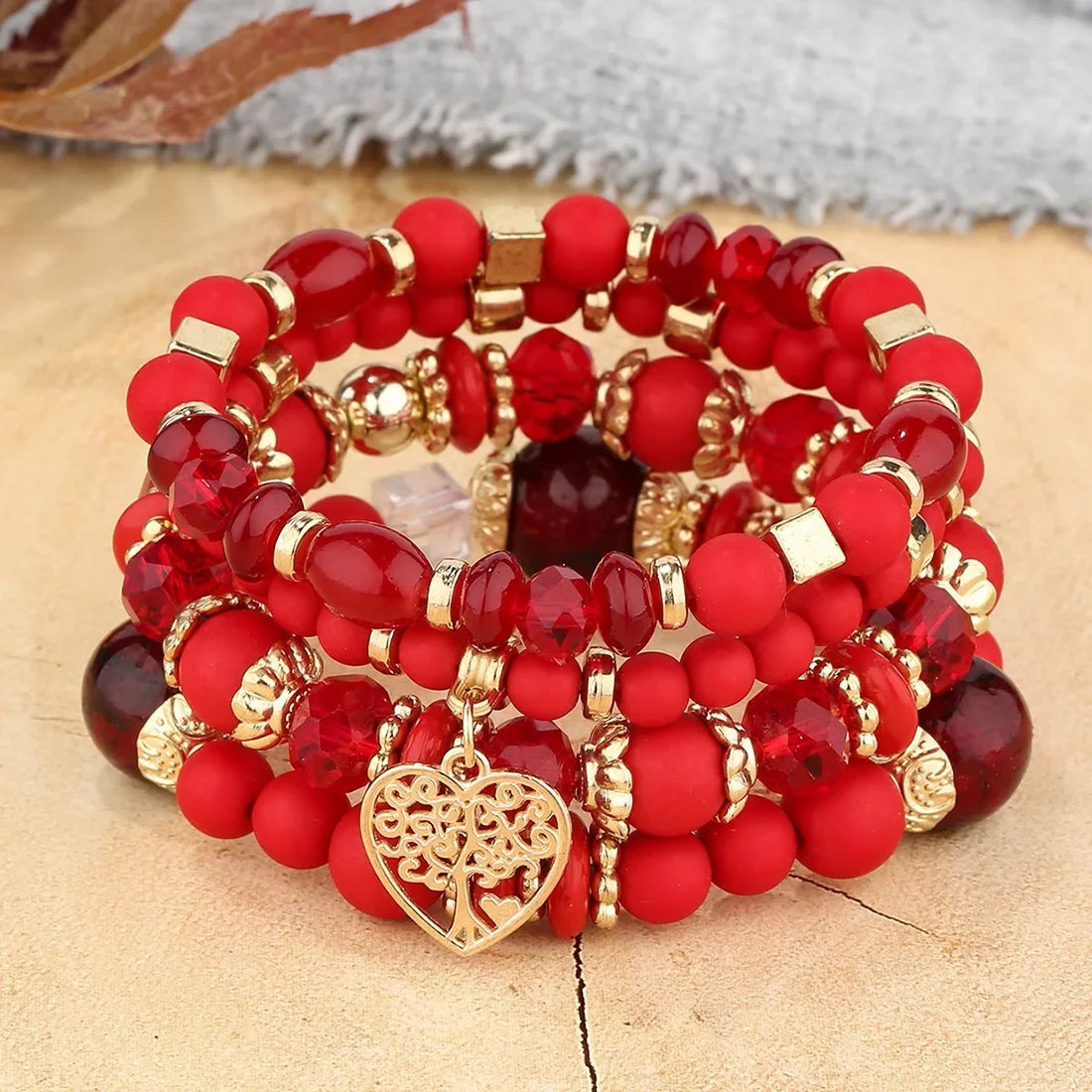 4Pcs Acrylic Beads Chain Tree Of Life Charm Elastic Bangle Female Bohemian Bracelets
