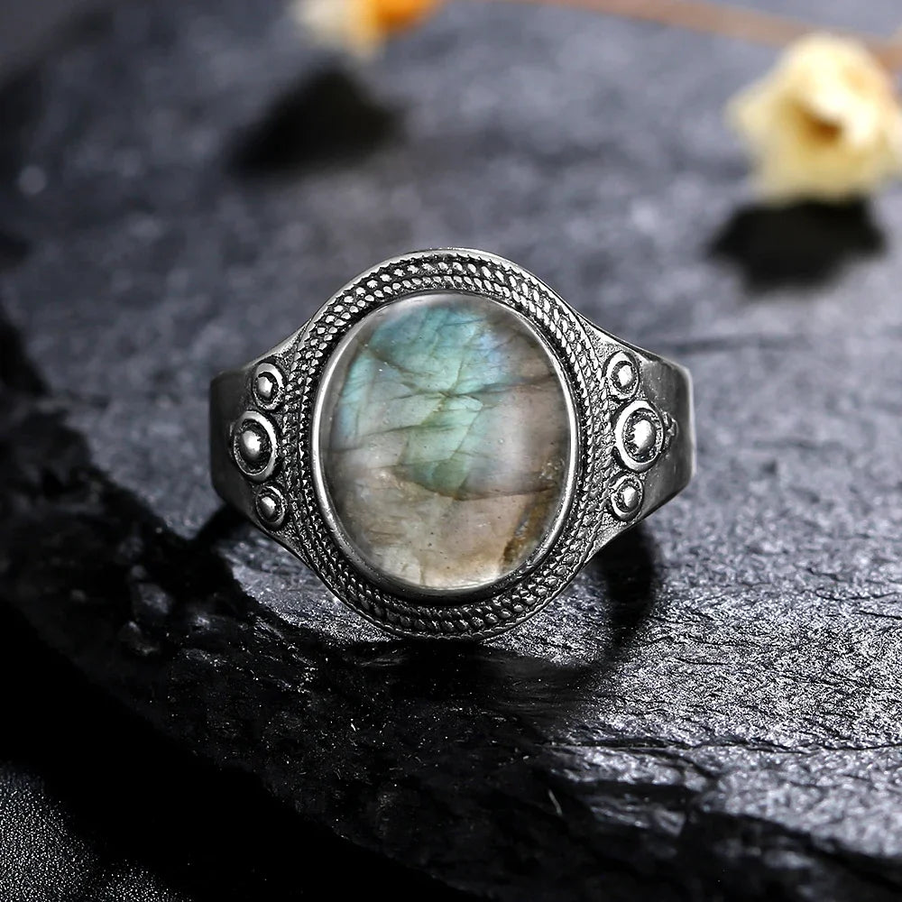 Silver Ring for Women Oval Round Natural Labradorite Ring