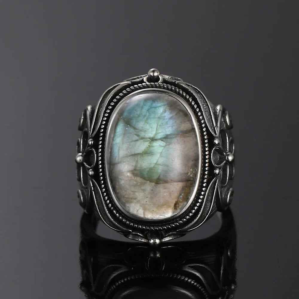 Silver Ring for Women Oval Round Natural Labradorite Ring