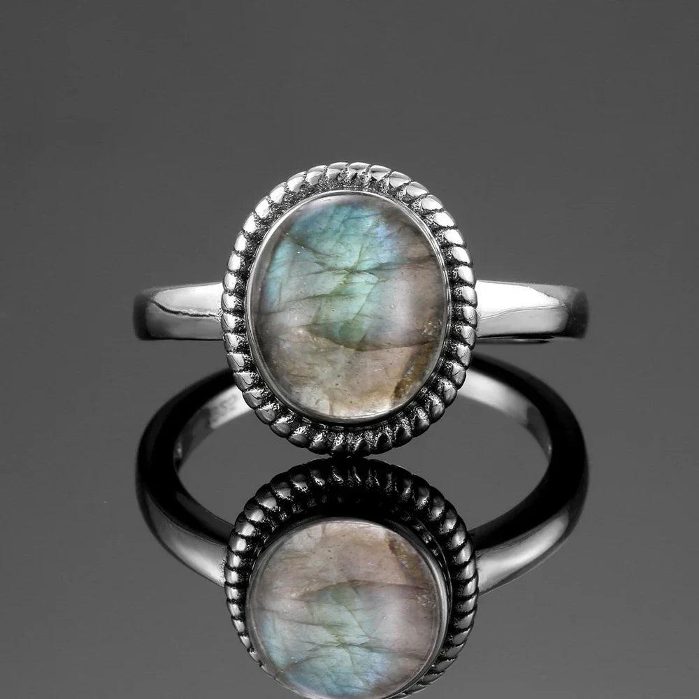 Silver Ring for Women Oval Round Natural Labradorite Ring