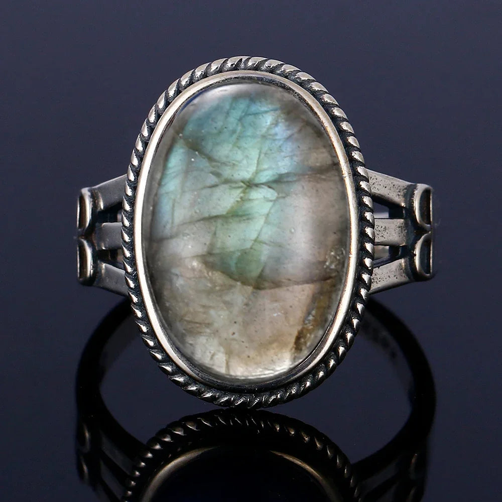 Silver Ring for Women Oval Round Natural Labradorite Ring