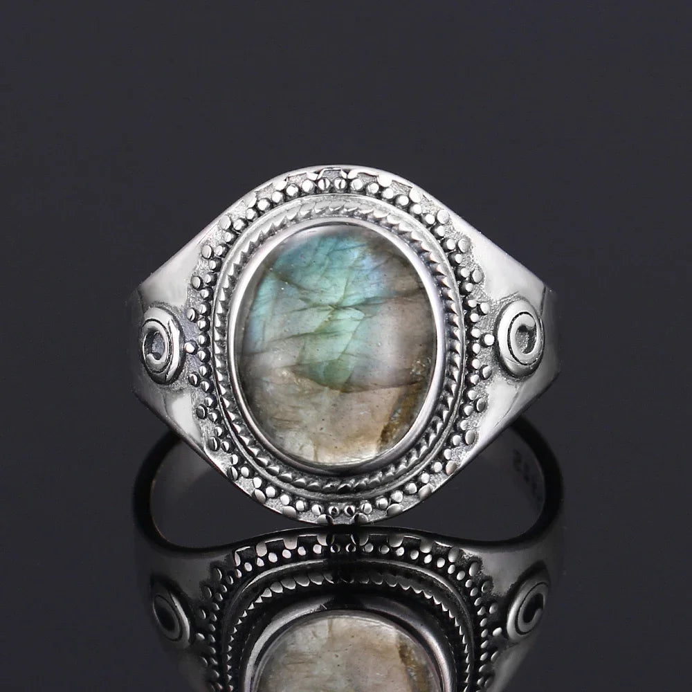 Silver Ring for Women Oval Round Natural Labradorite Ring