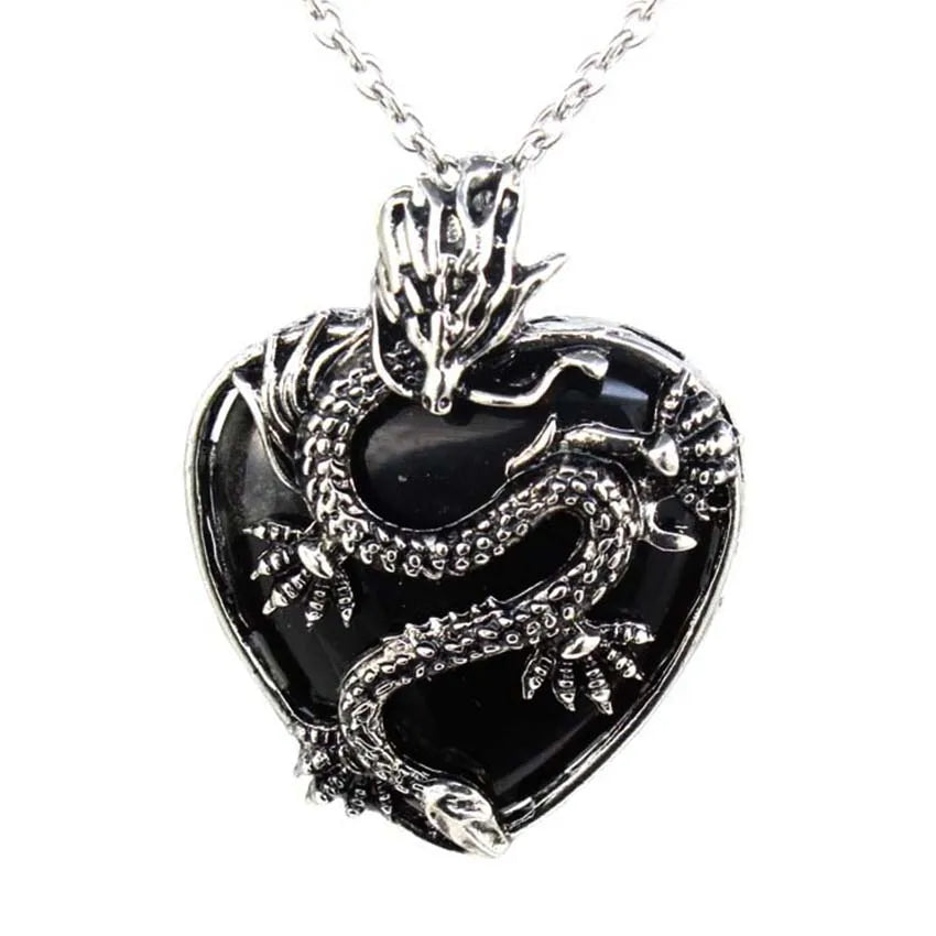 Vintage Animal Dragon Man Necklace Natural Stone Purple Crystal Heart Pendant