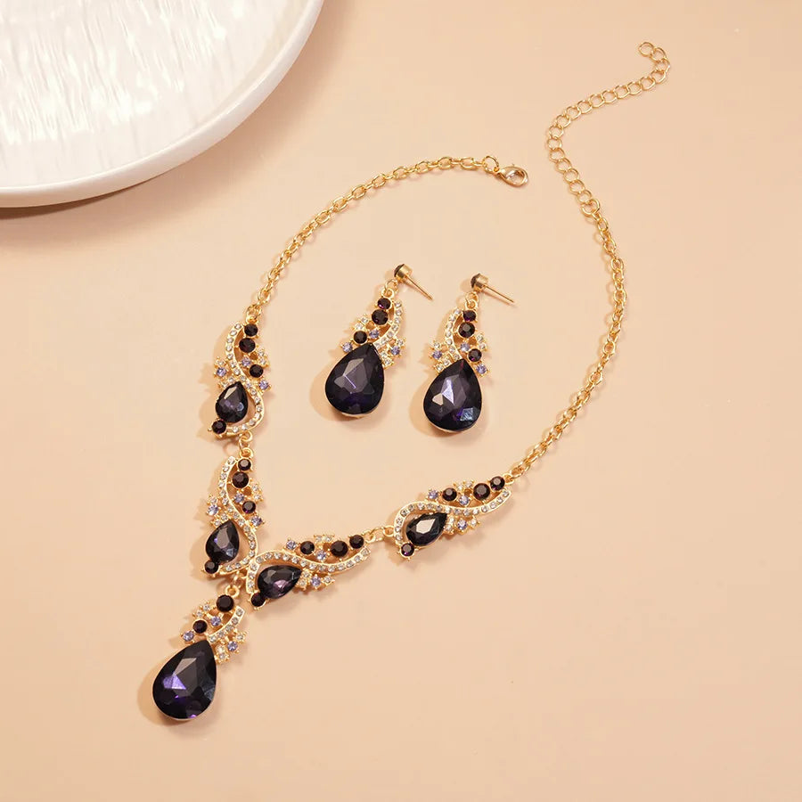 2 Pcs Inlaid Rhinestone Water Drop Necklace Earring Jewelry Sets