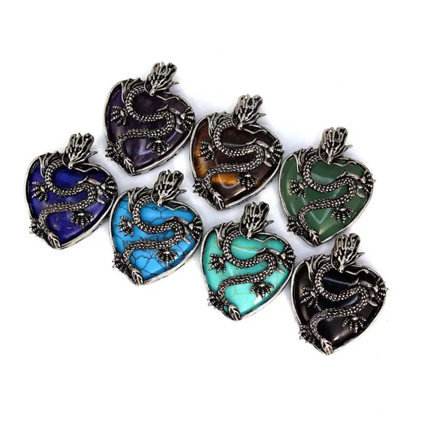 Vintage Animal Dragon Man Necklace Natural Stone Purple Crystal Heart Pendant