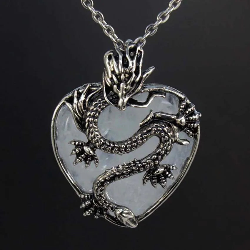 Vintage Animal Dragon Man Necklace Natural Stone Purple Crystal Heart Pendant