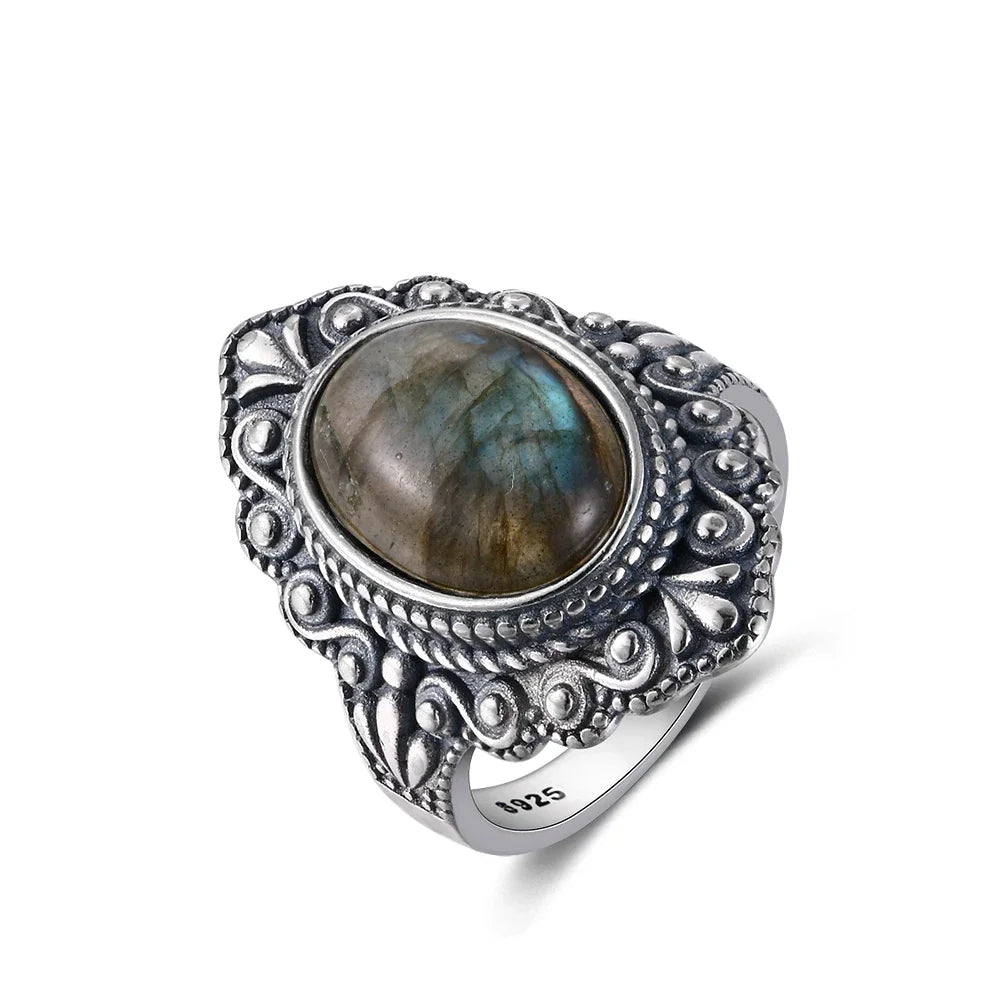 Silver Ring for Women Oval Round Natural Labradorite Ring