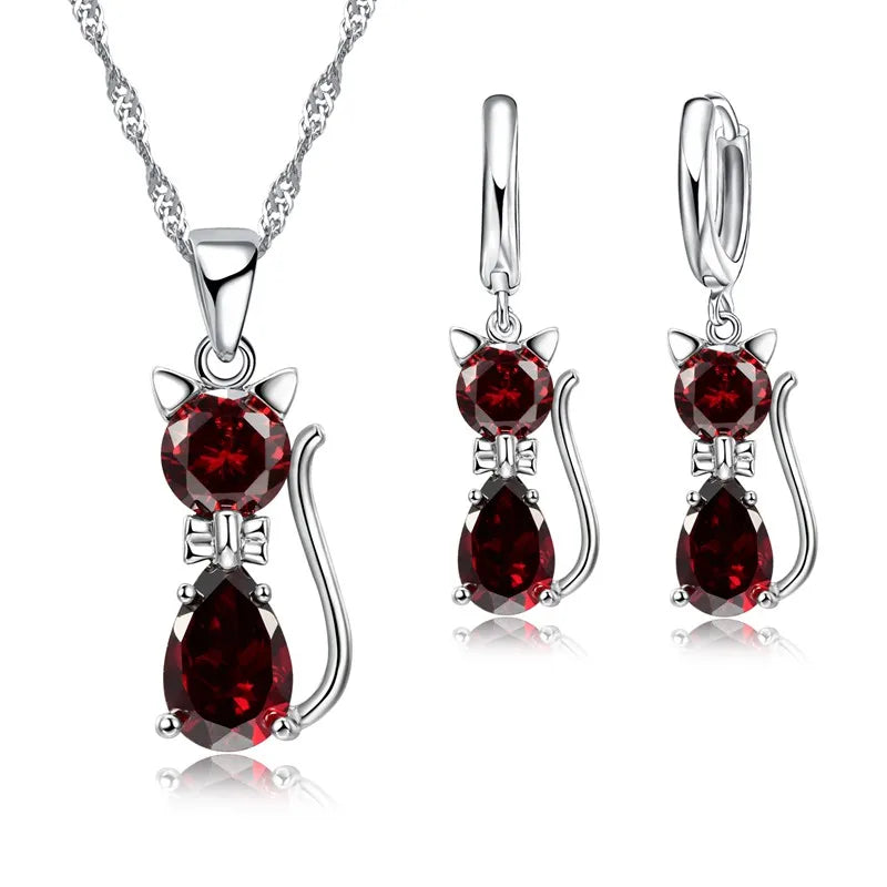 Silver Jewelry Sets 925 Silver Cute Cat Shaped Necklace Hoop Earring Set