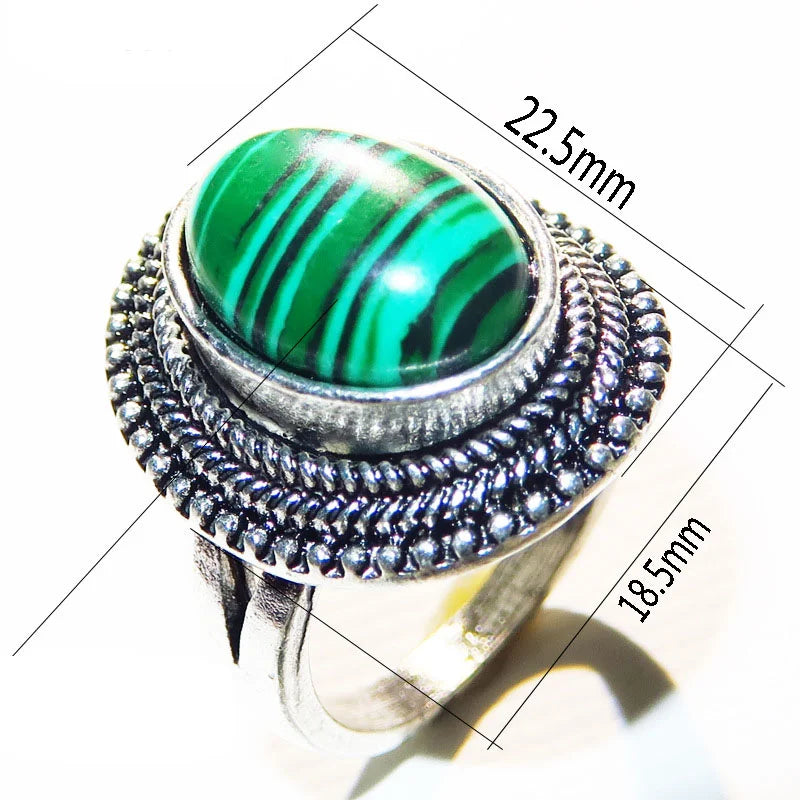 Oval Malachite Ring Antique SilverPlated Rhinestone Plum Flower Vintage Jewelry