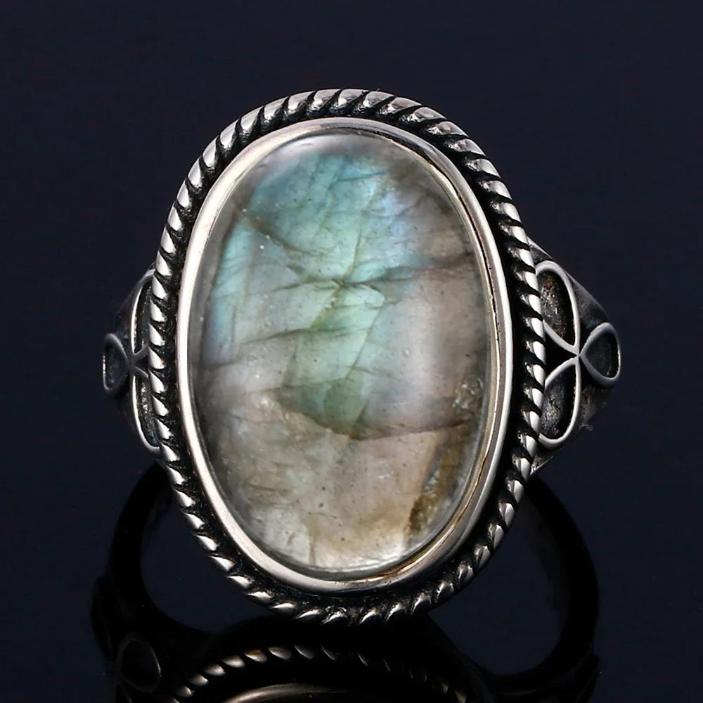 Silver Ring for Women Oval Round Natural Labradorite Ring