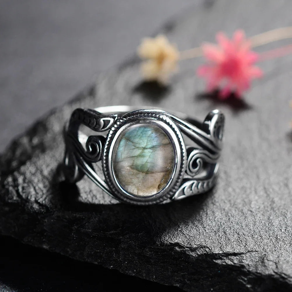 Silver Ring for Women Oval Round Natural Labradorite Ring
