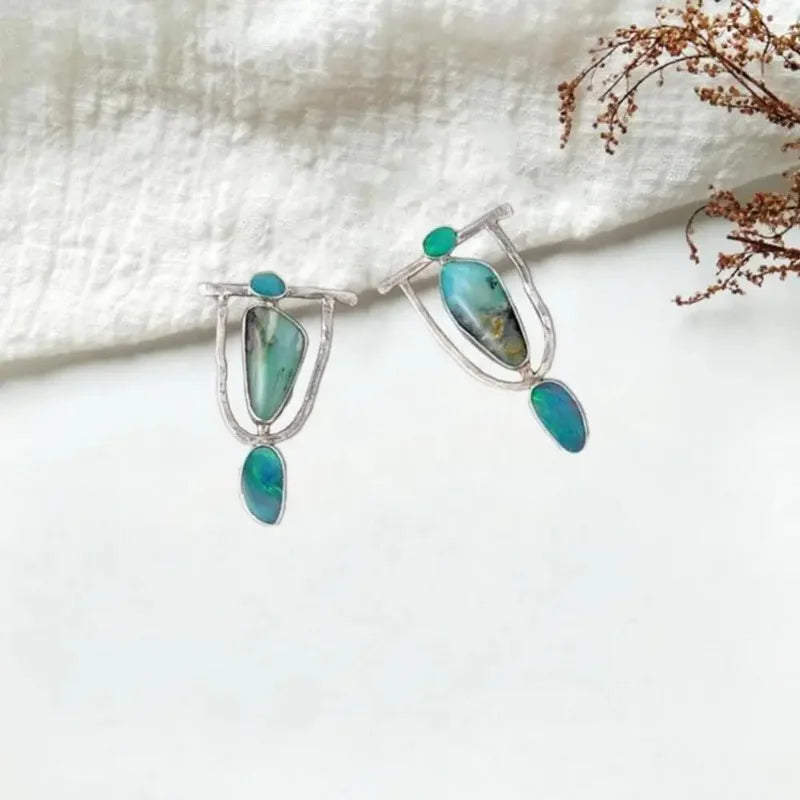 Boho Dangle Earrings for Women Indian Tribal Personality Natural Resin Stone Vintage Hanging Pendant Earrings