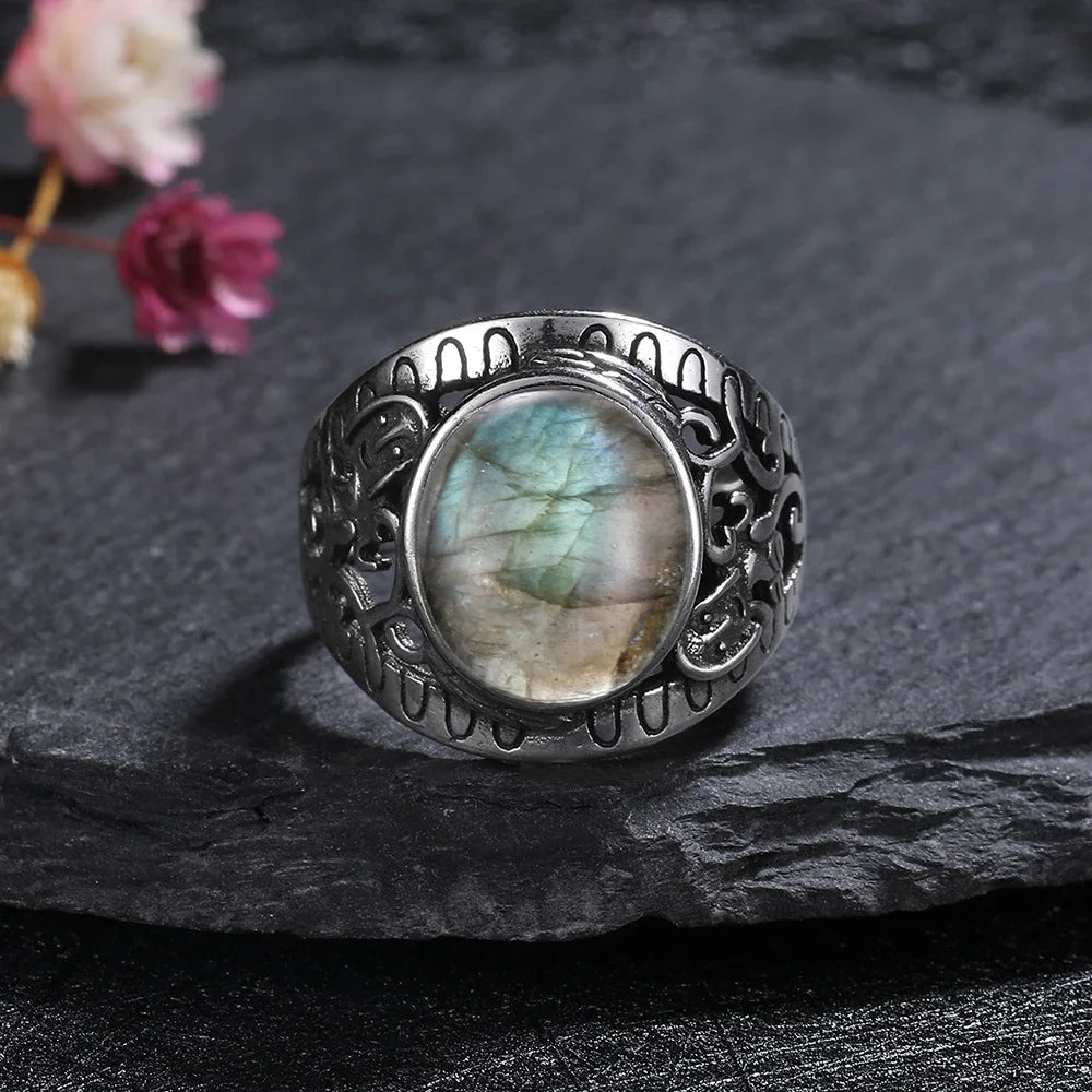 Silver Ring for Women Oval Round Natural Labradorite Ring