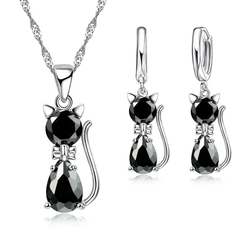 Silver Jewelry Sets 925 Silver Cute Cat Shaped Necklace Hoop Earring Set