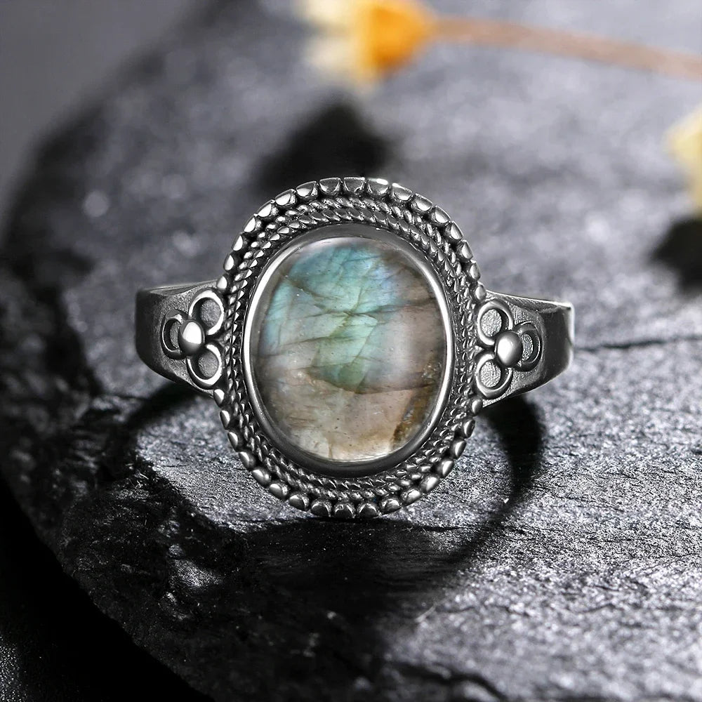 Silver Ring for Women Oval Round Natural Labradorite Ring