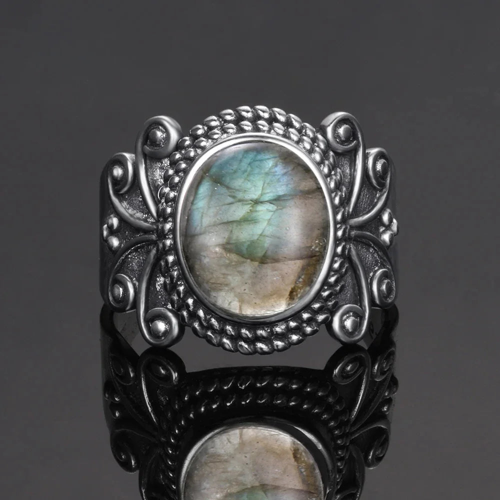 Silver Ring for Women Oval Round Natural Labradorite Ring