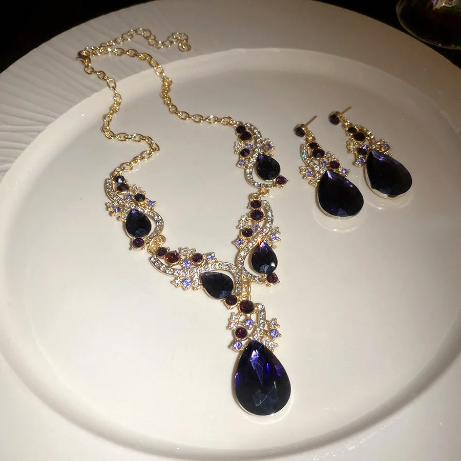 2 Pcs Inlaid Rhinestone Water Drop Necklace Earring Jewelry Sets