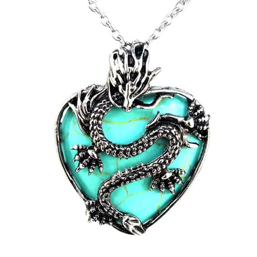 Vintage Animal Dragon Man Necklace Natural Stone Purple Crystal Heart Pendant