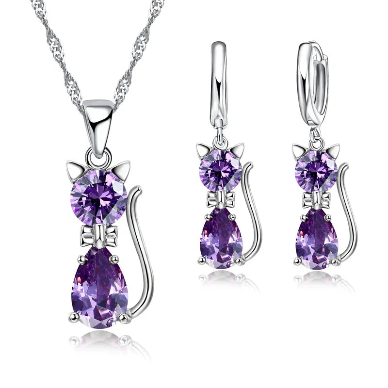 Silver Jewelry Sets 925 Silver Cute Cat Shaped Necklace Hoop Earring Set