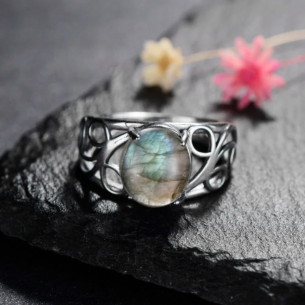 Silver Ring for Women Oval Round Natural Labradorite Ring