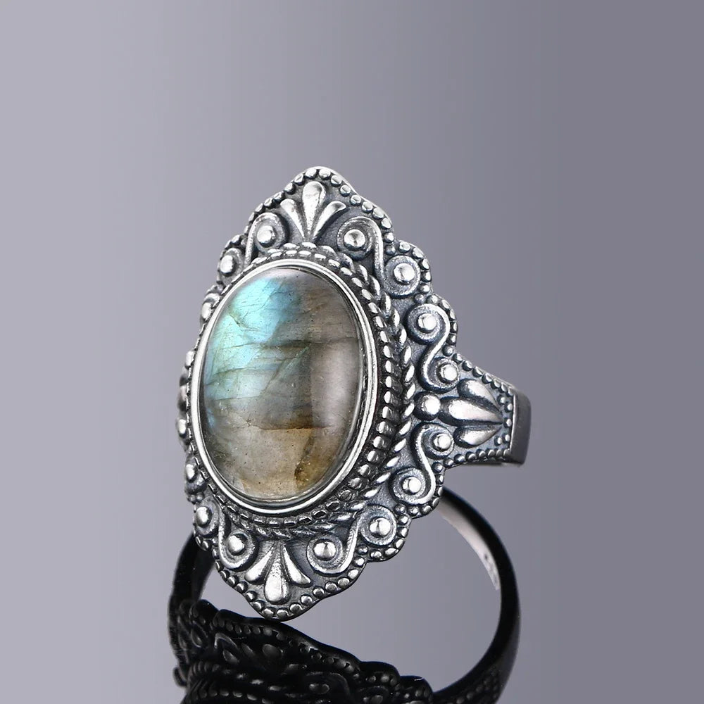 Silver Ring for Women Oval Round Natural Labradorite Ring